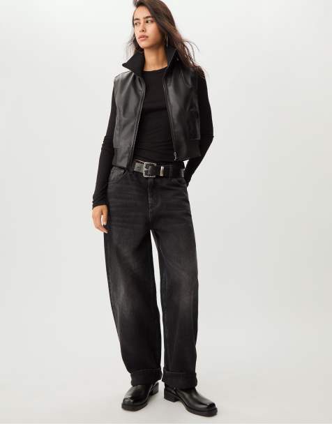 Stradivarius - Gilet nero effetto pelle con tessuto a coste tono su tono - view 1