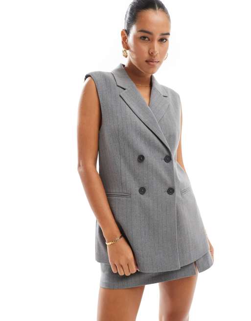 Stradivarius Gilet sartoriale taglio lungo grigio gessato in coordinato ASOS