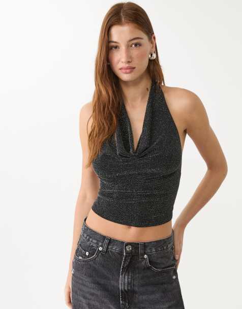 Stradivarius glitter halter top in black - view 1
