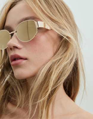 Stradivarius - Goldfarbene Metall-Sonnenbrille mit Spiegelgläsern-Gelb