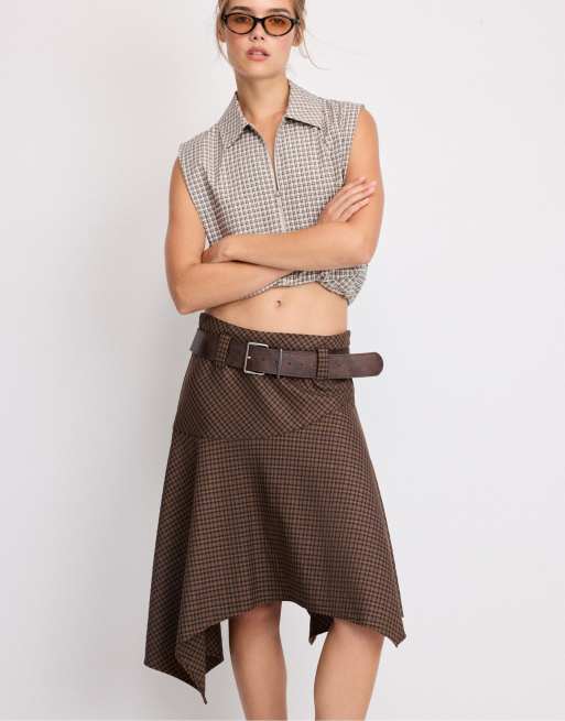 Stradivarius gonna a quadri con cintura beige, 5 di 7