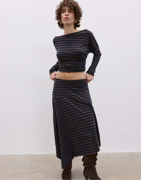 Stradivarius - Gonna lunga asimmetrica color blu navy a righe - view 1