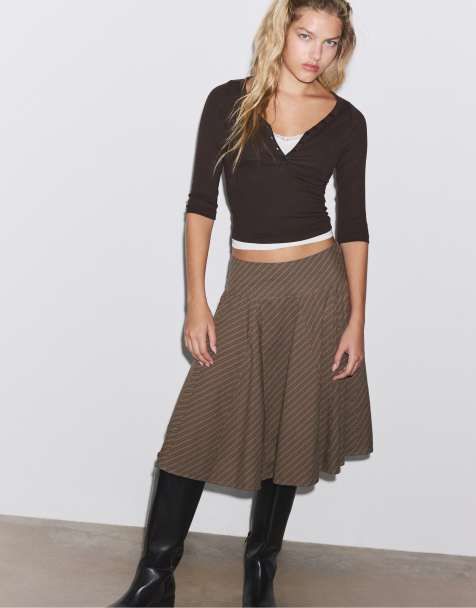 Stradivarius gonna midi con godet marrone - view 1