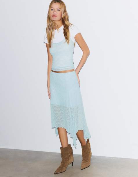 Stradivarius - Gonna midi in pizzo azzurro cielo - view 1