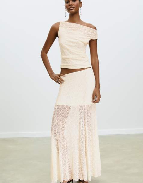 Stradivarius - Gonna midi in pizzo color écru - view 1