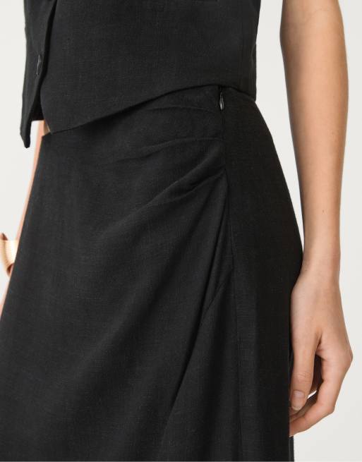 Stradivarius - Gonna midi nera in misto lino con spacco laterale, 3 di 4
