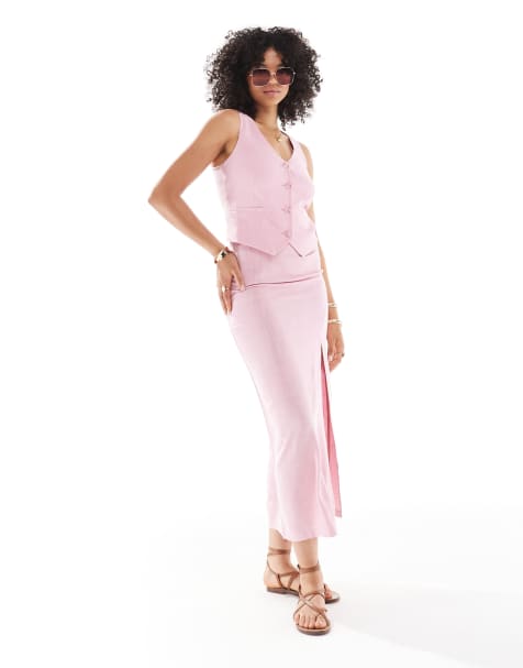 Stradivarius - Gonna midi rosa con spacco sul fondo in coordinato - view 1