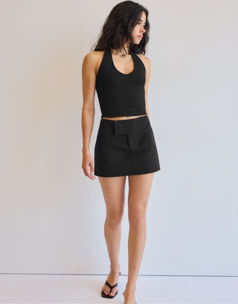 Stradivarius - Gonna pantalone corta nera con fascia in vita ampia - view 1