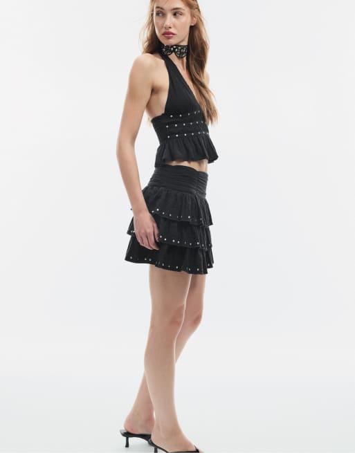Stradivarius - Gonna pantalone nera con volant e borchie, 2 di 4