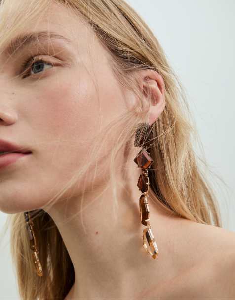 Stradivarius – Grå, hängande örhängen med strass - view 1