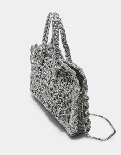 Stradivarius - Grå hæklet totebag med metallisk garn, 2 af 4