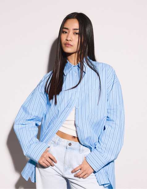 Stradivarius - Grå oversized skjorte i denimvask med striber - view 1