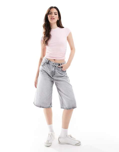 Stradivarius – Grå, tvättade, långa jeansshorts - view 1