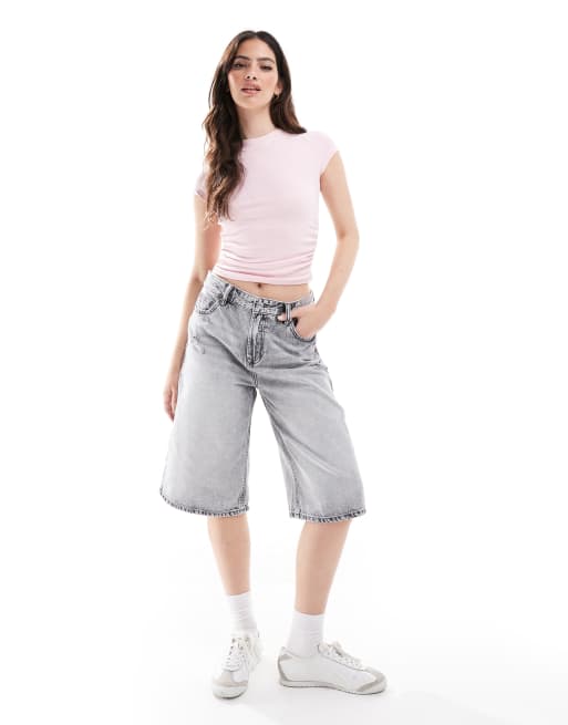 Stradivarius – Grå, tvättade, långa jeansshorts