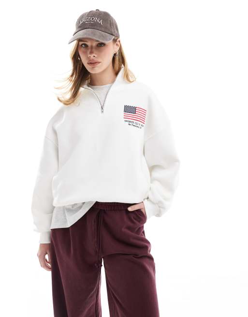Stradivarius – Gräddvit sweatshirt med dragkedja vid halsen och USA-tryck