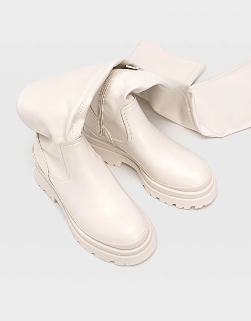 Stradivarius – Gräddvita grova chelseaboots med höga skaft i loafermodell, 4 av 4