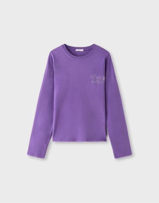 Stradivarius grafisk t-shirt med strass i lila, 6 av 7
