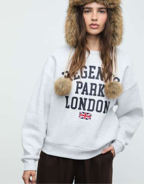 Stradivarius – Gråmelerad sweatshirt med broderad flagglogga - view 1