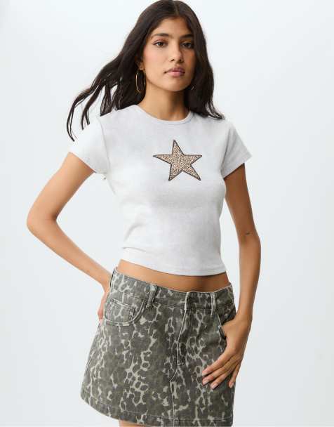 Stradivarius – Gråmelerad t-shirt med leopardmönstrad stjärna - view 1