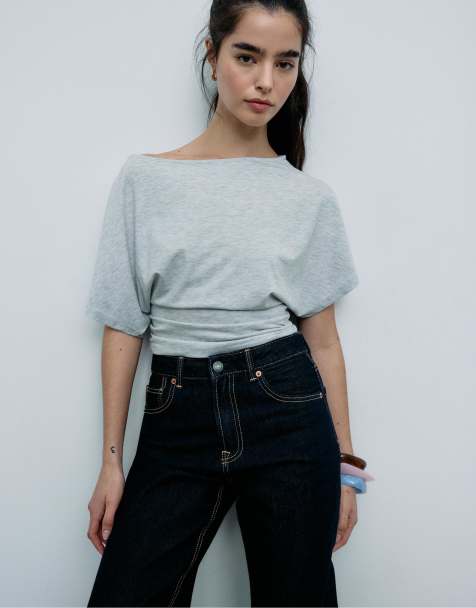 Stradivarius - Gråmeleret kortærmet T-shirt med bådudskæring - view 1