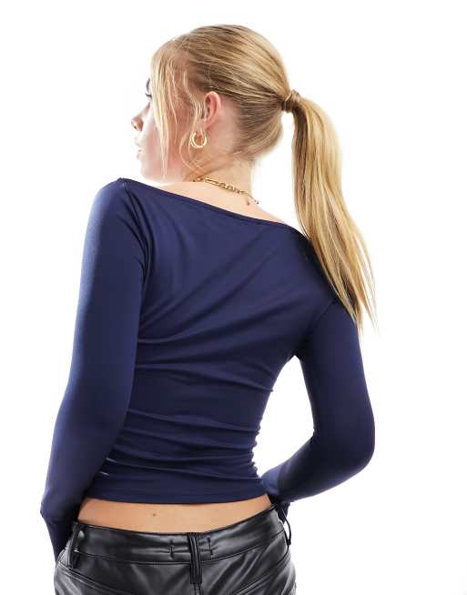 Stradivarius – Granatowy top z długim rękawem i dekoltem w łódkę, 2 z 4