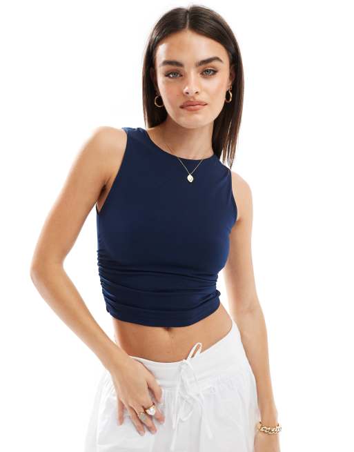 Stradivarius – Granatowy top z marszczeniem i dekoltem w łódkę