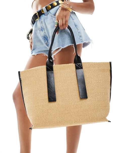 Stradivarius - Grand cabas en raphia avec coutures contrastantes - Beige - view 1