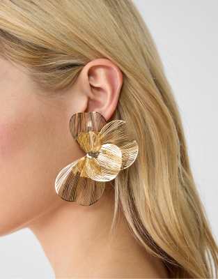 Stradivarius - Grandes boucles d'oreilles fleurs en éventail - Doré-Jaune