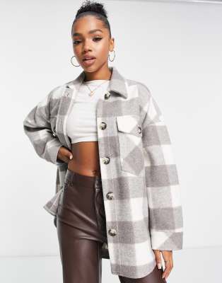 Stradivarius – Grårutig skjortjacka i oversize 