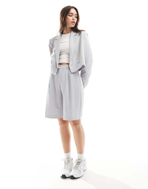 Stradivarius – Grått, krinklat set med kort kavaj och shorts - view 1