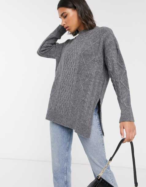 Stradivarius – Grauer Tunika-Pullover mit Zopfmuster