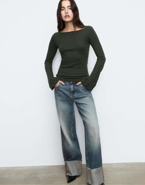 Stradivarius - Grøn basis-T-shirt med trompetærmer - view 1