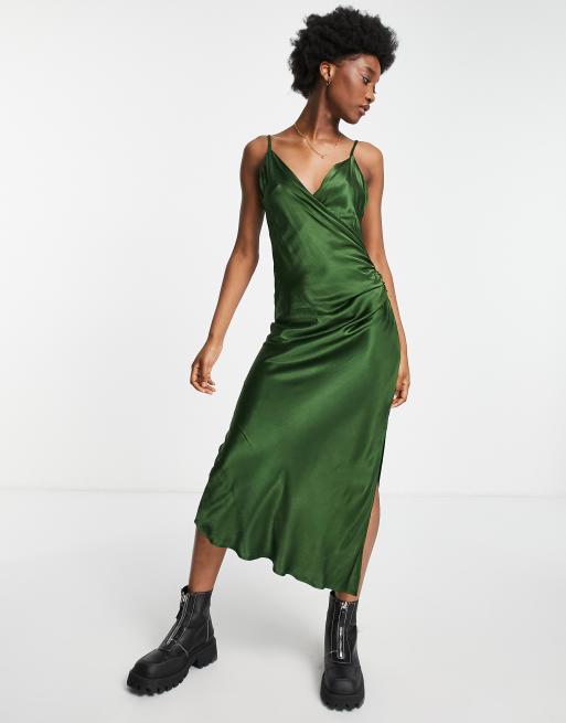 Stradivarius - Grøn slå om-midikjole i satin, 4 af 4