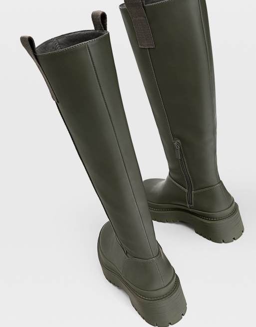 Stradivarius – Gröna, höga boots med grov sula och sidoflik, 4 av 4