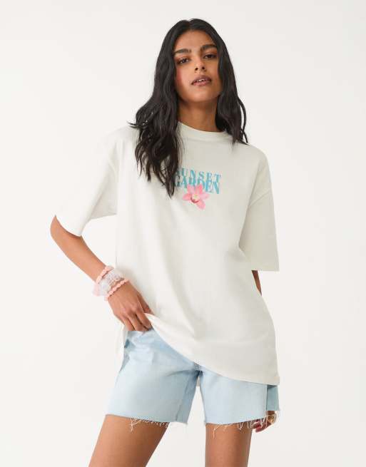 Stradivarius – Gruby bawełniany T-shirt oversize w kolorze ecru z nadrukiem z misiem
