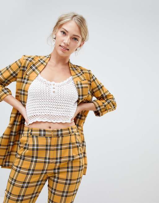 Stradivarius – Kostymset i gult, skotskrutigt mönster med blazer i longline-modell & byxor, 2 av 3