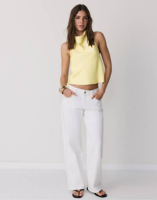 Stradivarius - Gul top med halterneck i materiale med satinlook, 3 af 4