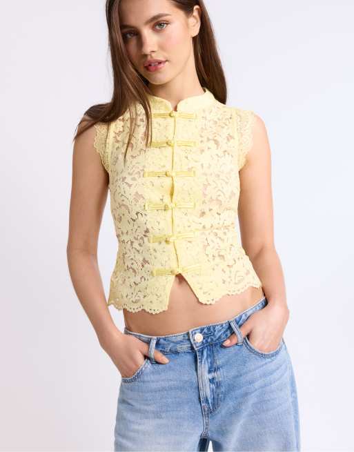 Stradivarius – Guldfärgad qipao-topp i spets, 2 av 4