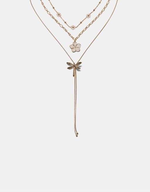 Stradivarius – Guldfärgade halsband med blommor och trollsländor, 3-pack, 2 av 3