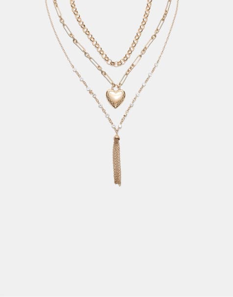 Stradivarius – Guldfärgade halsband med hjärta och tofs, 3-pack - view 1