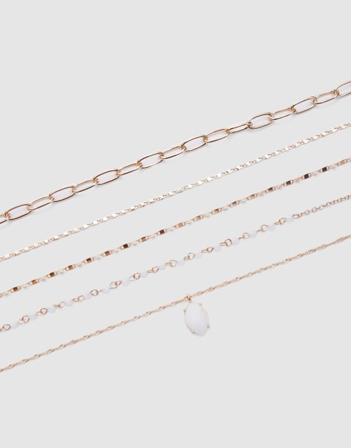Stradivarius – Guldfärgade halsband med rosa stenberlocker, 5-pack, 3 av 3