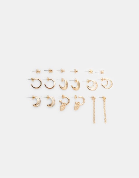 Stradivarius – Guldfärgade örhängen med emalj, 9-pack - view 1