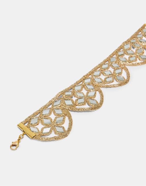 Stradivarius – Guldfärgat chokerhalsband med spegeldetaljer och vågmönster, 4 av 4