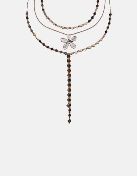 Stradivarius – Guldfärgat halsband i lariat-modell med blomhänge, 3-pack - view 1