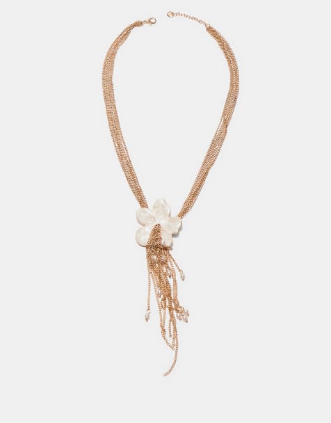 Stradivarius – Guldfärgat lariat-halsband med emaljerad blomma - view 1
