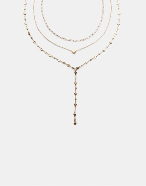 Stradivarius - Guldfarvede lariat-halskæder med hjerteformede led i pakke med 3 stk - view 1