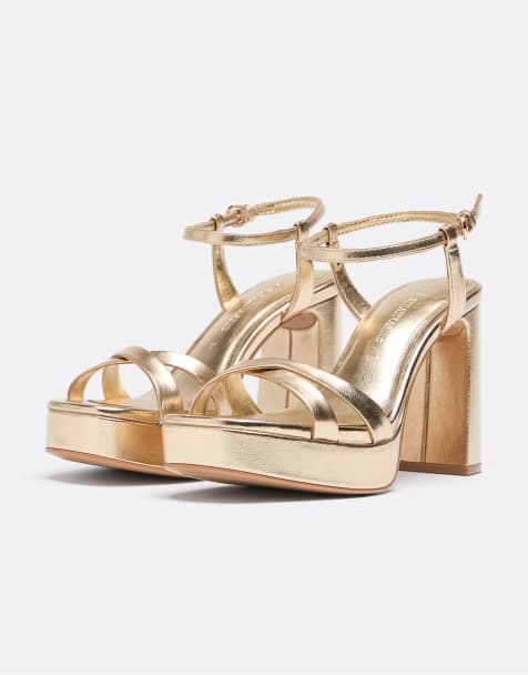 Stradivarius – Guldiga platåsandaler med blockklack - view 1