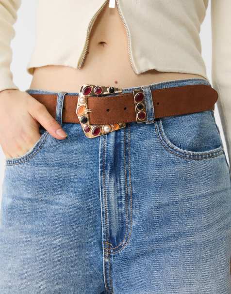 Stradivarius – Gürtel in Braun mit Schnalle und Schmucksteinen - view 1