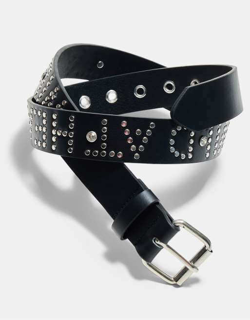 Stradivarius Gürtel mit Nieten und Schriftzug in Schwarz, 4 von 4