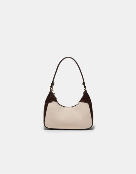 Stradivarius – Halbmondförmige Mini-Schultertasche aus Canvas in Ecru - view 1